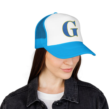 Embroidered Blue & Gold 'G' Trucker Hat — Monogram Letter Foam Cap - Gosnell