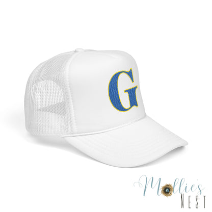 Embroidered Blue & Gold 'G' Trucker Hat — Monogram Letter Foam Cap - Gosnell