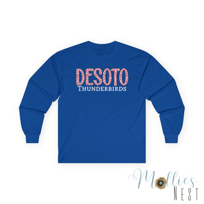 Desoto Thunderbirds Long Sleeve Tee — Leopard Print School Spirit Shirt - ADULT