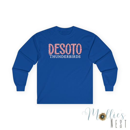 Desoto Thunderbirds Long Sleeve Tee — Leopard Print School Spirit Shirt - ADULT