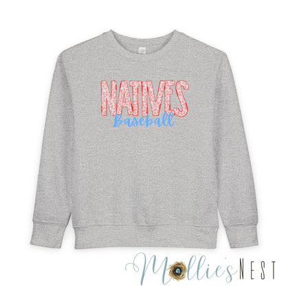 Natives Baseball Toddler Sweatshirt, Cute Kids Gift, Baseball Fan Apparel, Playful Toddler Gear, Sporty Children’s Clothing