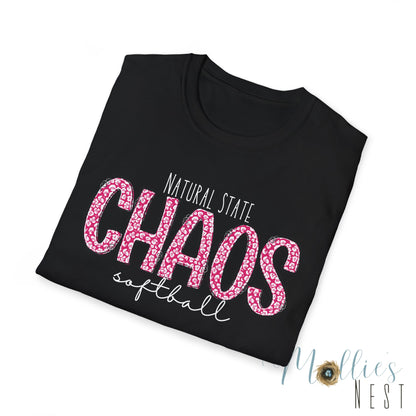 Chaos Softball T-Shirt — "Natural State Chaos" Pink Leopard Softball Tee