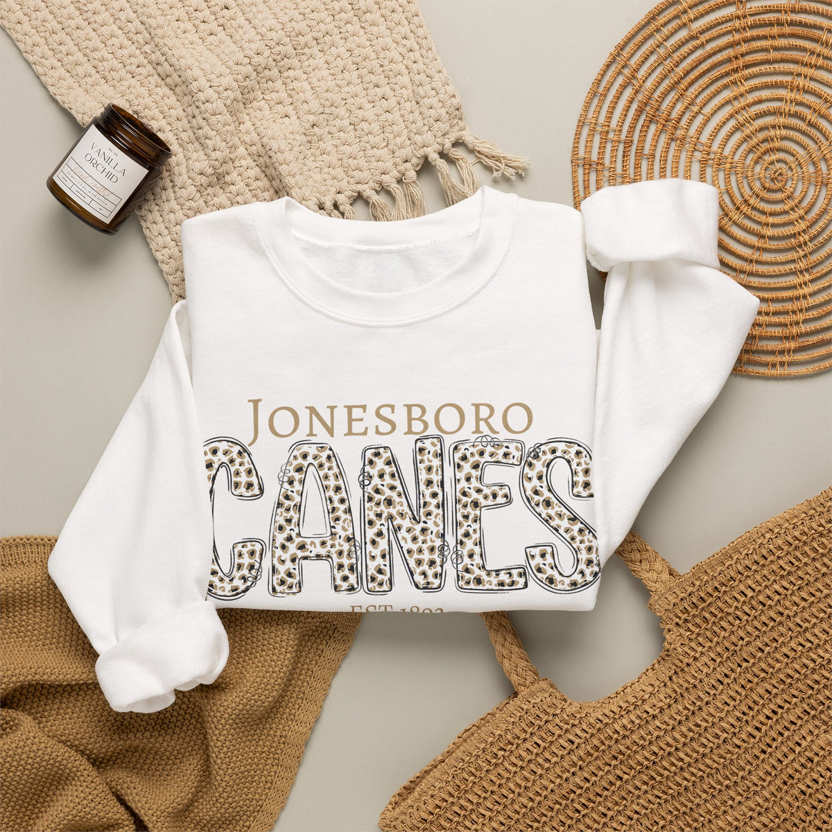 ADULT. Jonesboro Canes Leopard Print Crewneck Sweatshirt