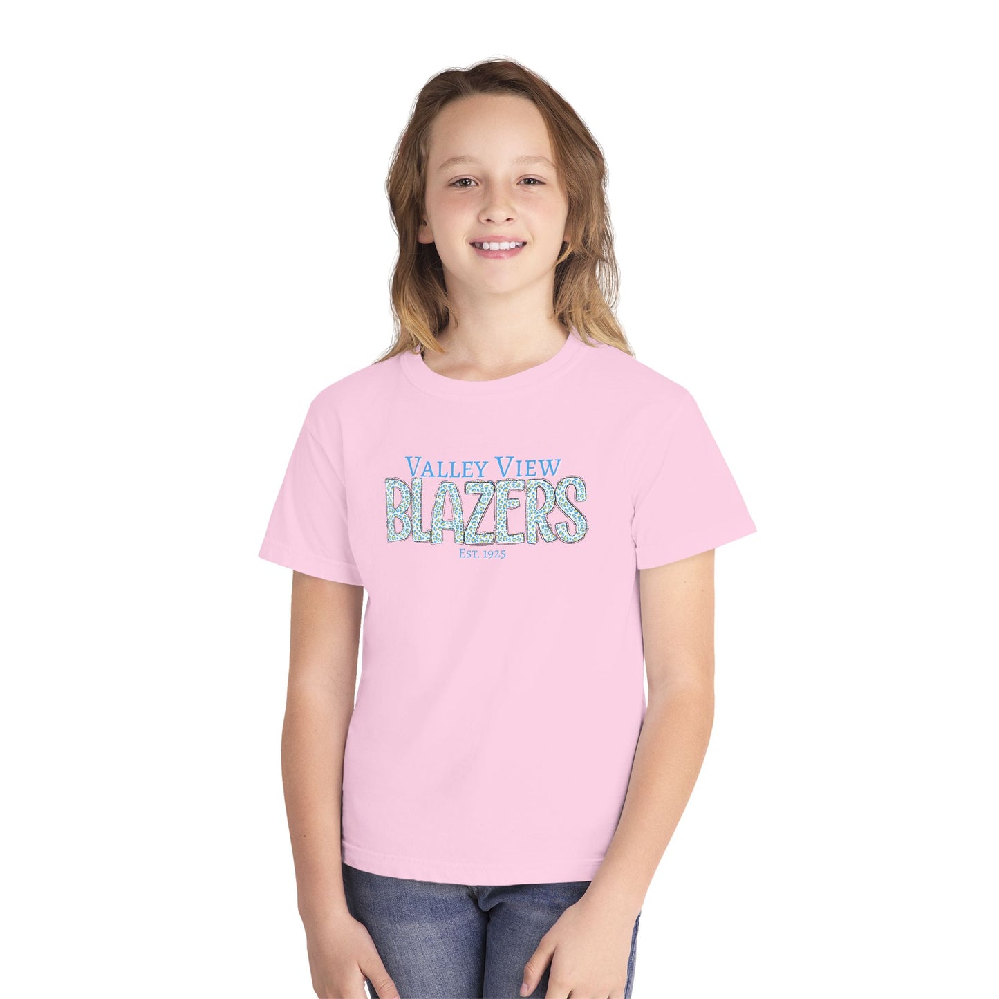 Valley View Blazers Youth Midweight Tee. Blue Leopard Letters