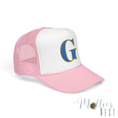 Embroidered Blue & Gold 'G' Trucker Hat — Monogram Letter Foam Cap - Gosnell