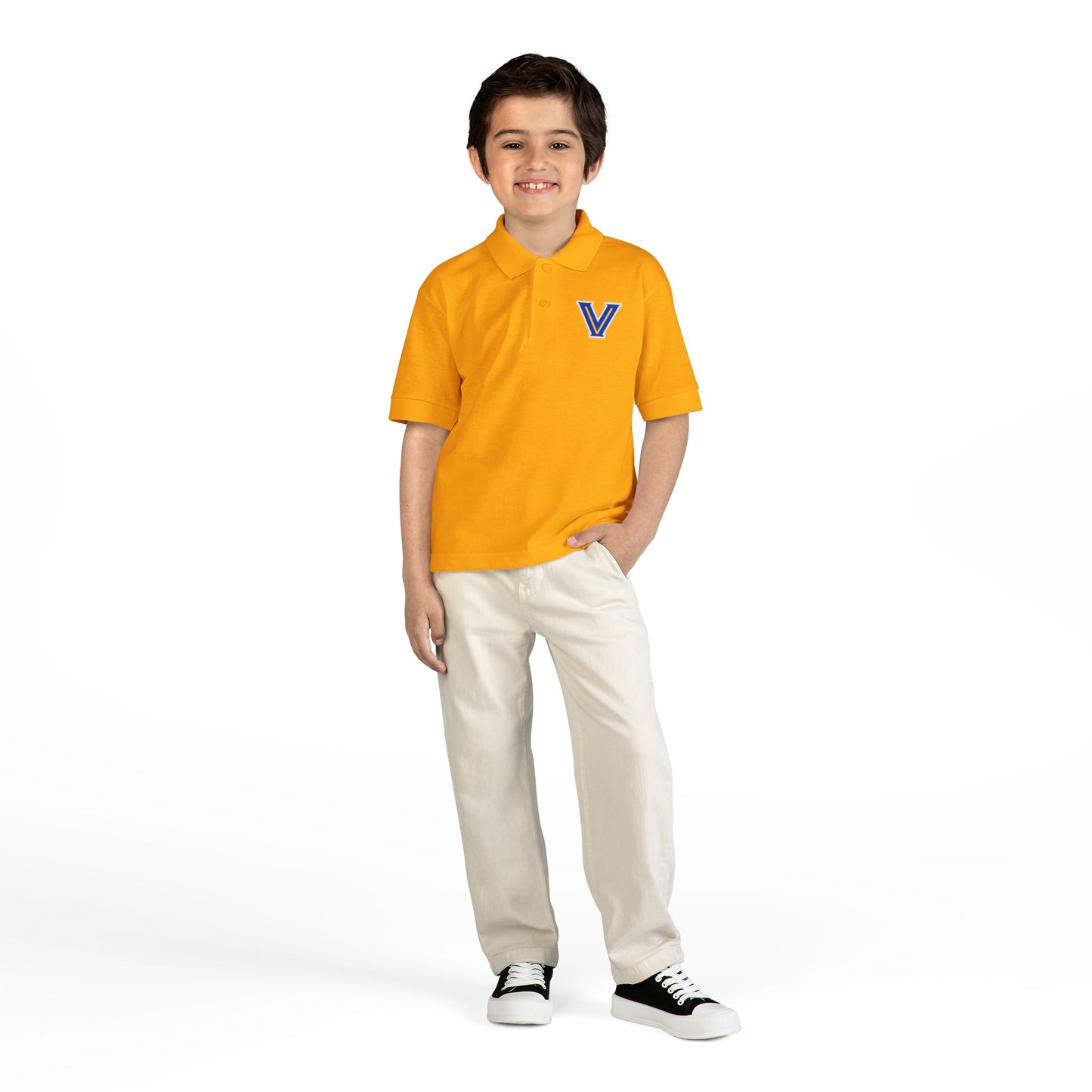 YOUTH. Valley View Polo Shirt with Gold & Blue 'V' LOGO - School Spirit DryBlend® - Printed (NOT EMBROIDERED)