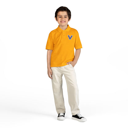 YOUTH. Valley View Polo Shirt with Gold & Blue 'V' LOGO - School Spirit DryBlend® - Printed (NOT EMBROIDERED)
