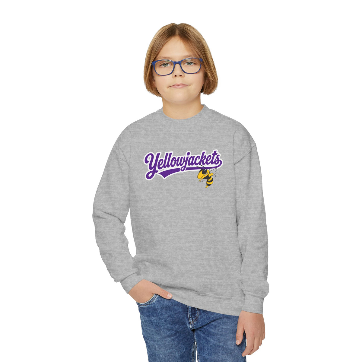 Youth Crewneck Sweatshirt - "Yellowjackets" Script Logo with Mascot (School Spirit Apparel)