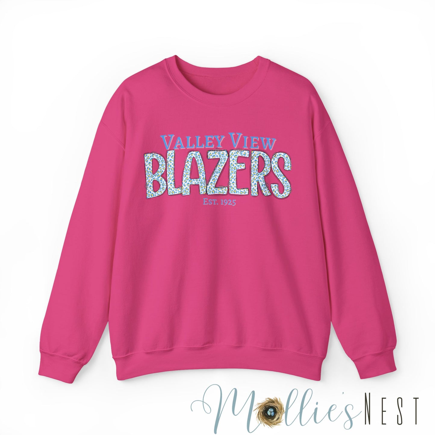 Valley View Blazers Crewneck Sweatshirt. Classic Blue Leopard
