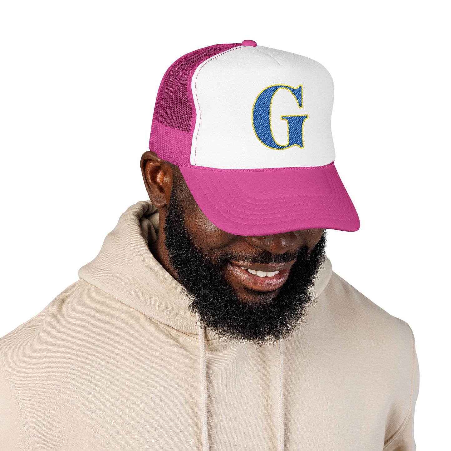 Embroidered Blue & Gold 'G' Trucker Hat — Monogram Letter Foam Cap - Gosnell