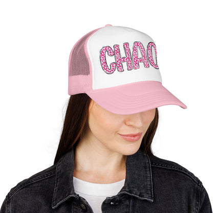 CHAOS Foam Trucker Hat — Pink Leopard Print Lettering Cap