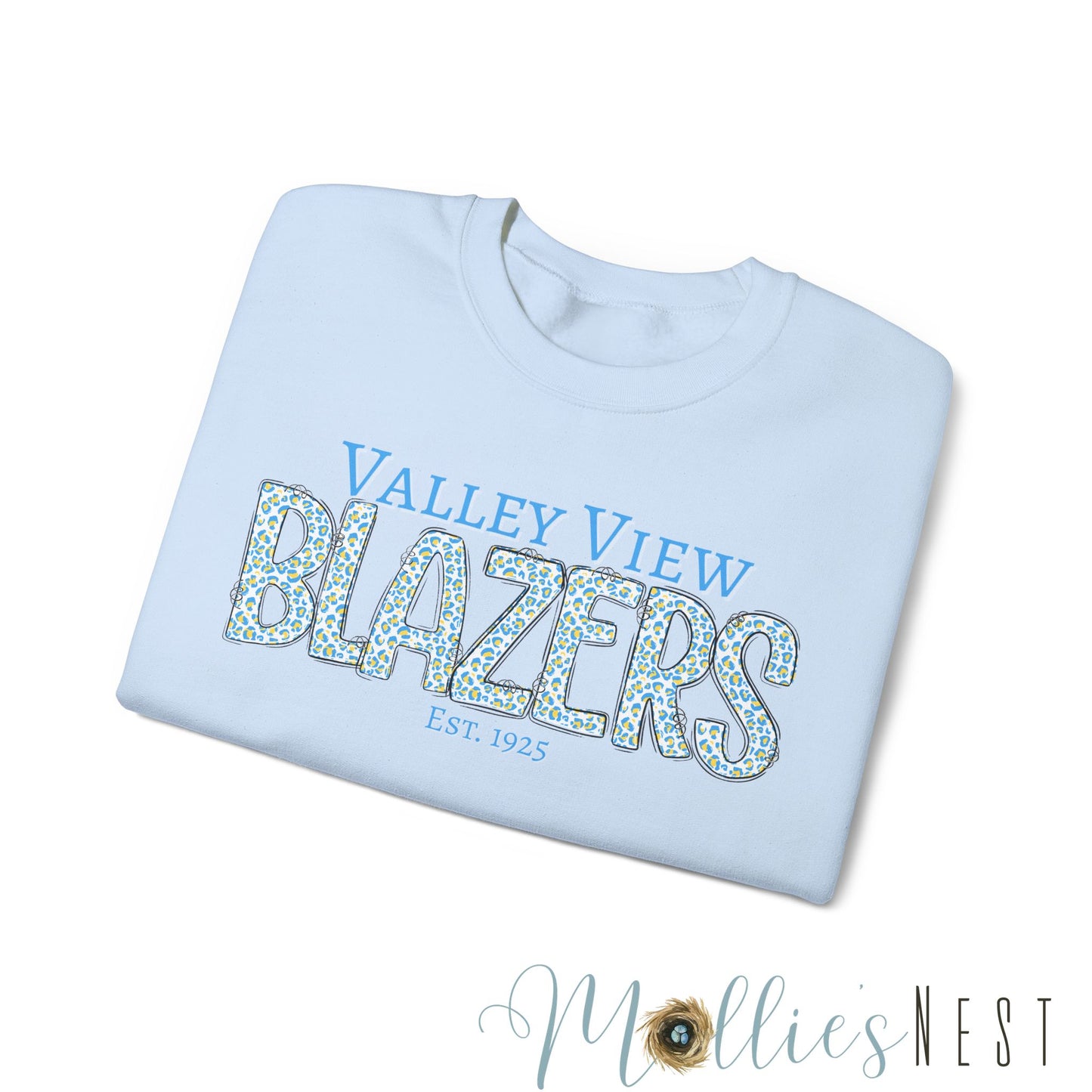 Valley View Blazers Crewneck Sweatshirt. Classic Blue Leopard
