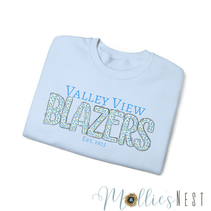 Valley View Blazers Crewneck Sweatshirt. Classic Blue Leopard