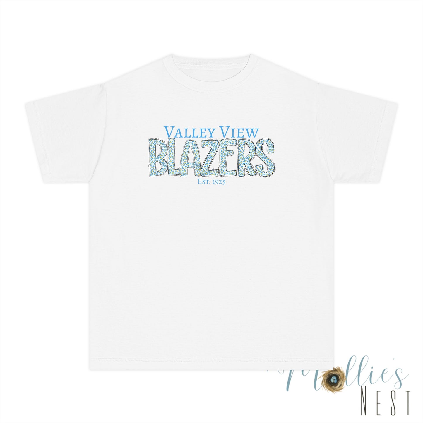 Valley View Blazers Youth Midweight Tee. Blue Leopard Letters
