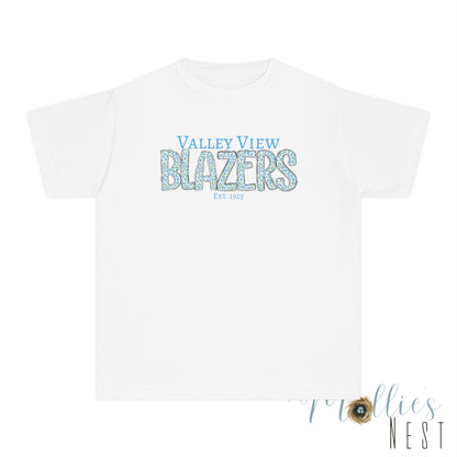 Valley View Blazers Youth Midweight Tee. Blue Leopard Letters