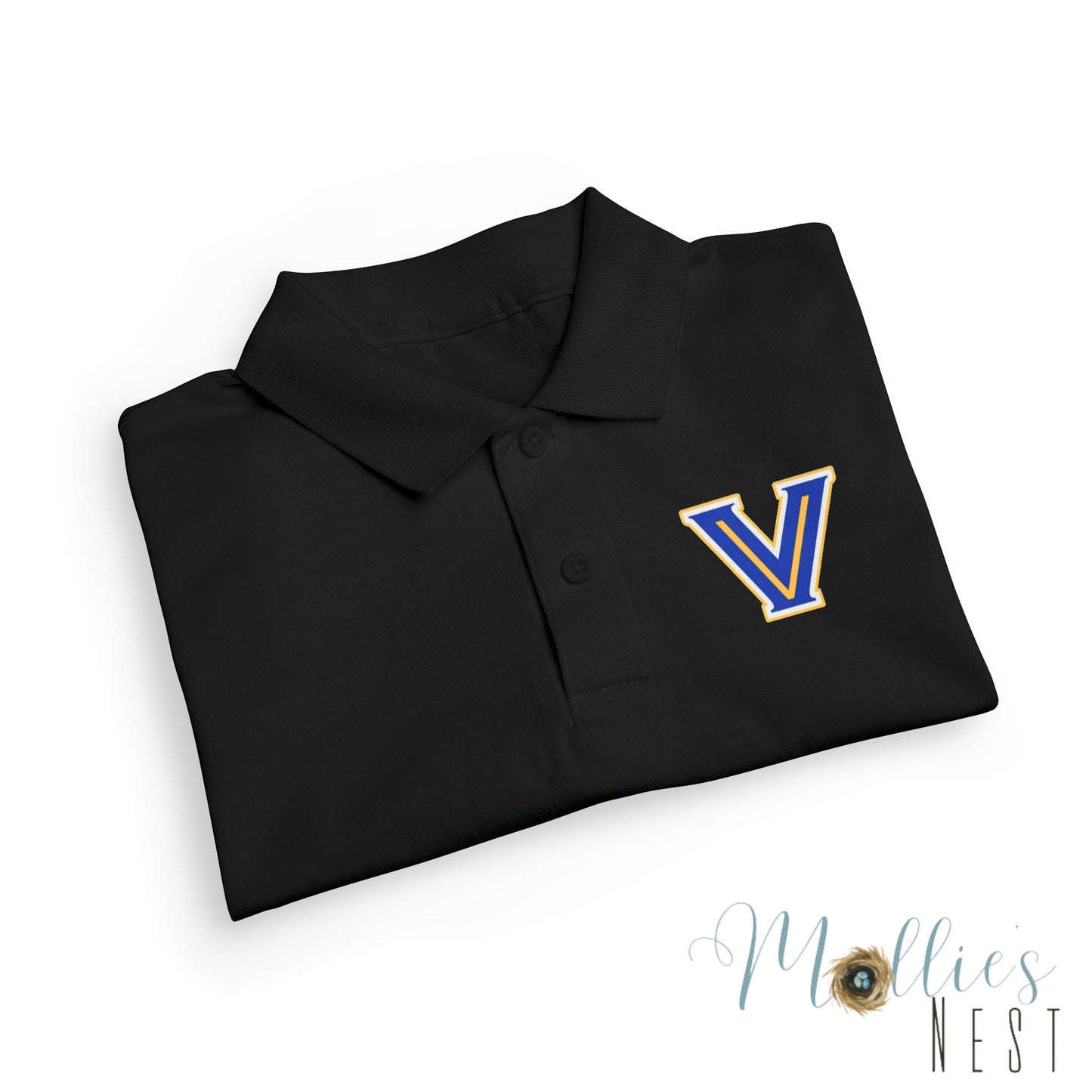 YOUTH. Valley View Polo Shirt with Gold & Blue 'V' LOGO - School Spirit DryBlend® - Printed (NOT EMBROIDERED)