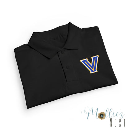 YOUTH. Valley View Polo Shirt with Gold & Blue 'V' LOGO - School Spirit DryBlend® - Printed (NOT EMBROIDERED)