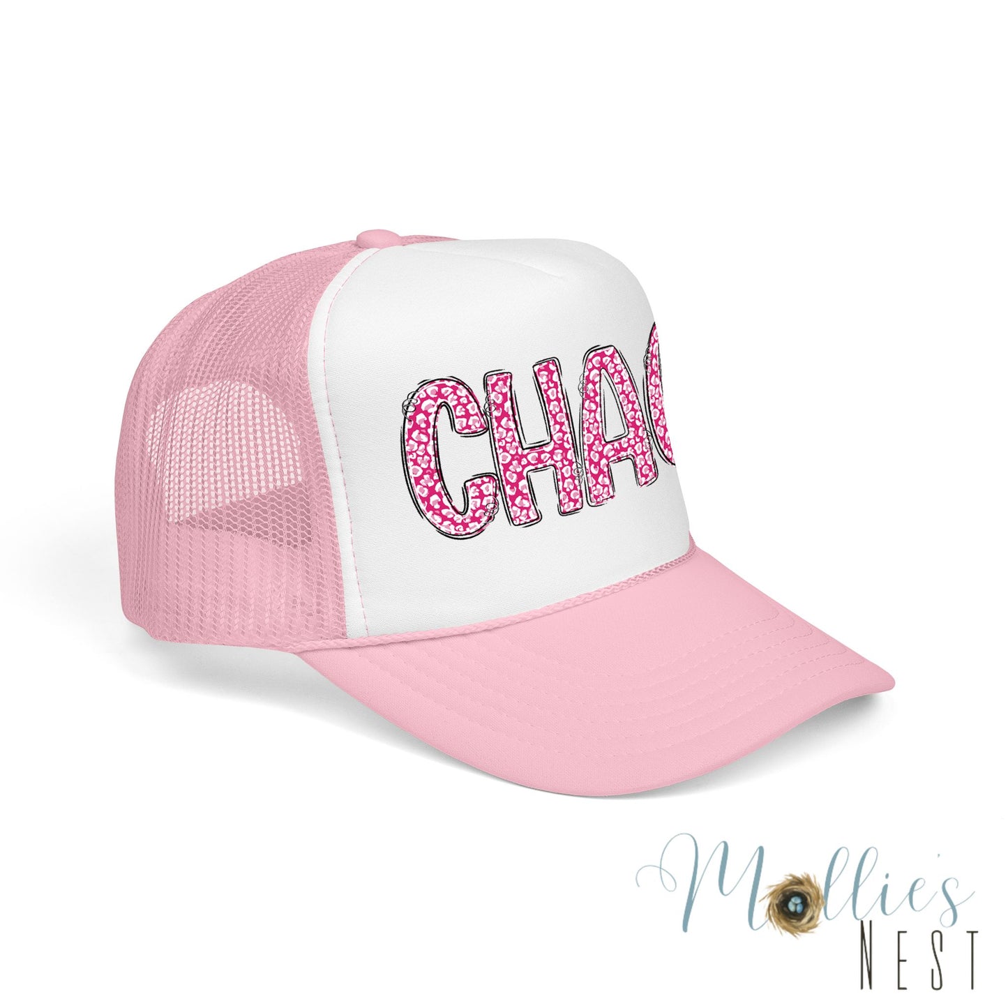 CHAOS Foam Trucker Hat — Pink Leopard Print Lettering Cap