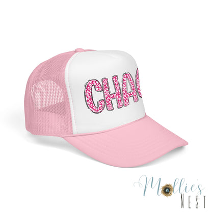 CHAOS Foam Trucker Hat — Pink Leopard Print Lettering Cap