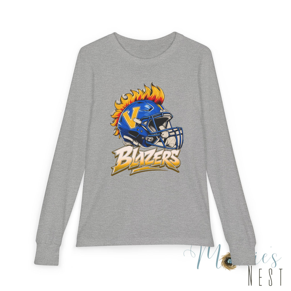 Youth Long Sleeve Tee — Blazers Flaming Football Helmet Graphic
