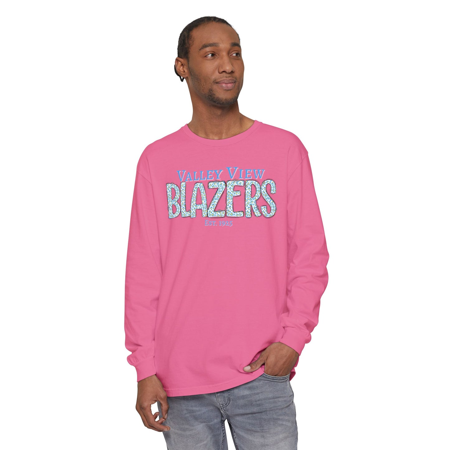 Valley View Blazers Long Sleeve T-Shirt. Blue Leopard Letters