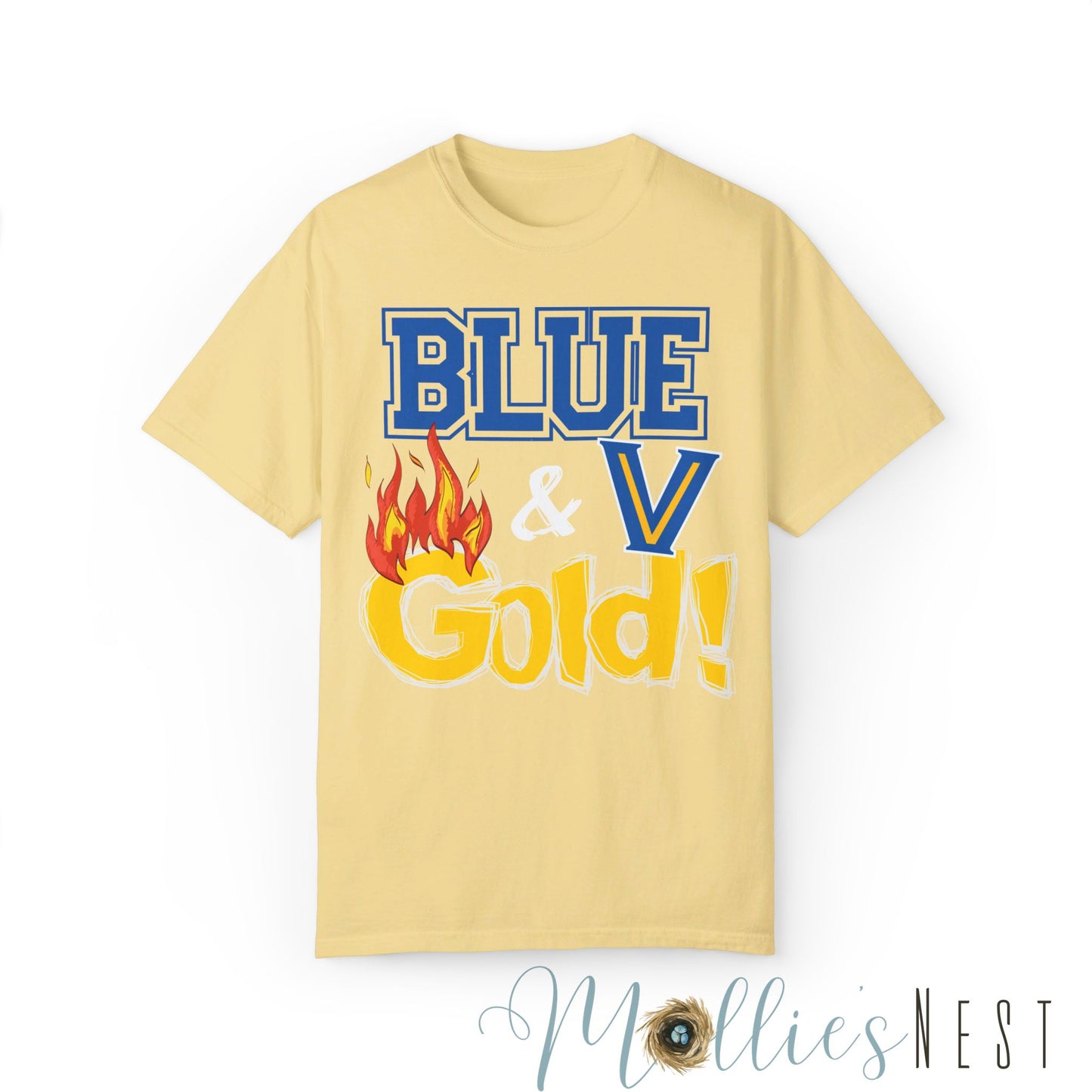 Unisex Blue & Gold Flame. Comfort ColorsT-shirt