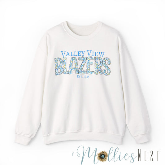 Valley View Blazers Crewneck Sweatshirt. Classic Blue Leopard
