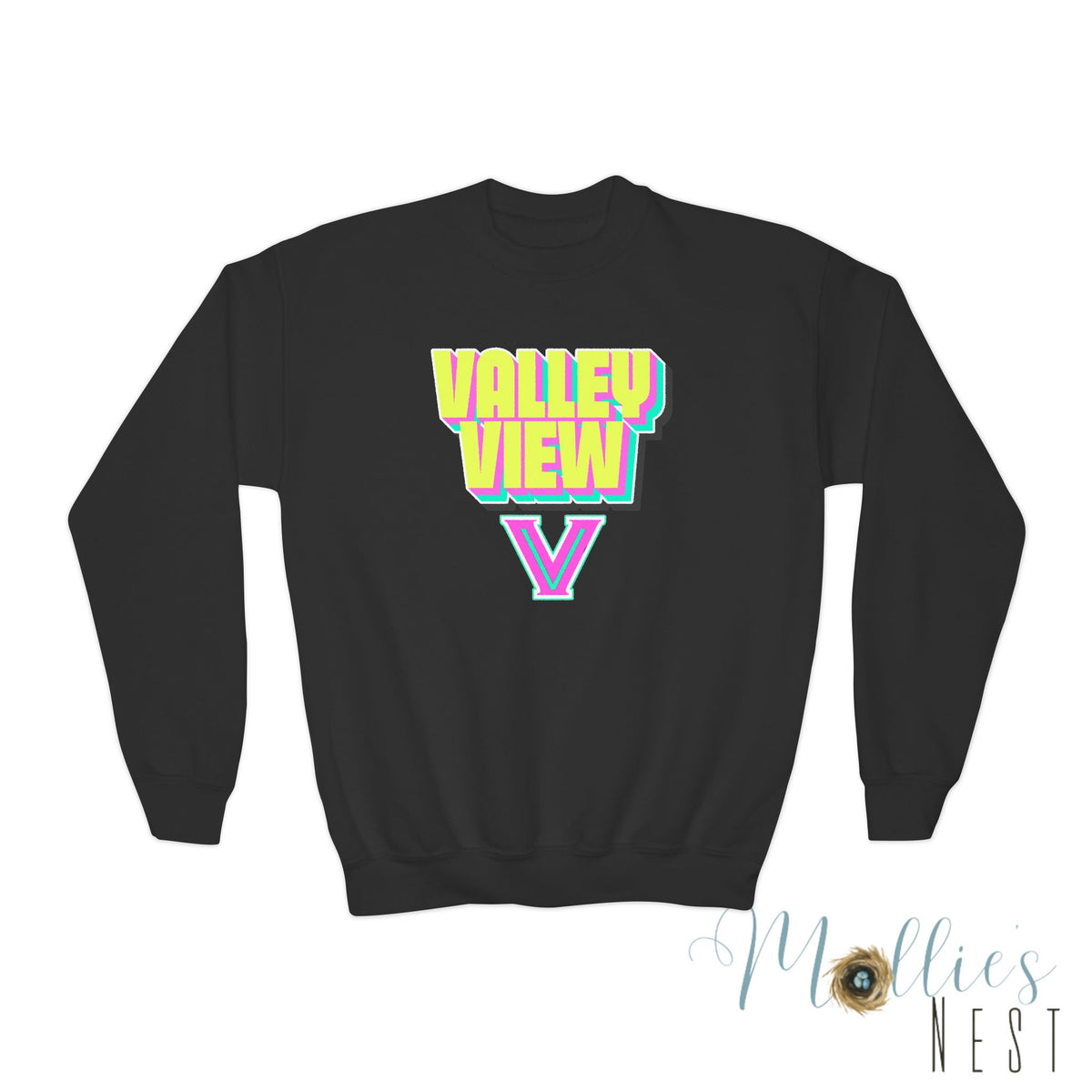 Youth Crewneck Sweatshirt – Valley View V Neon. Graphic