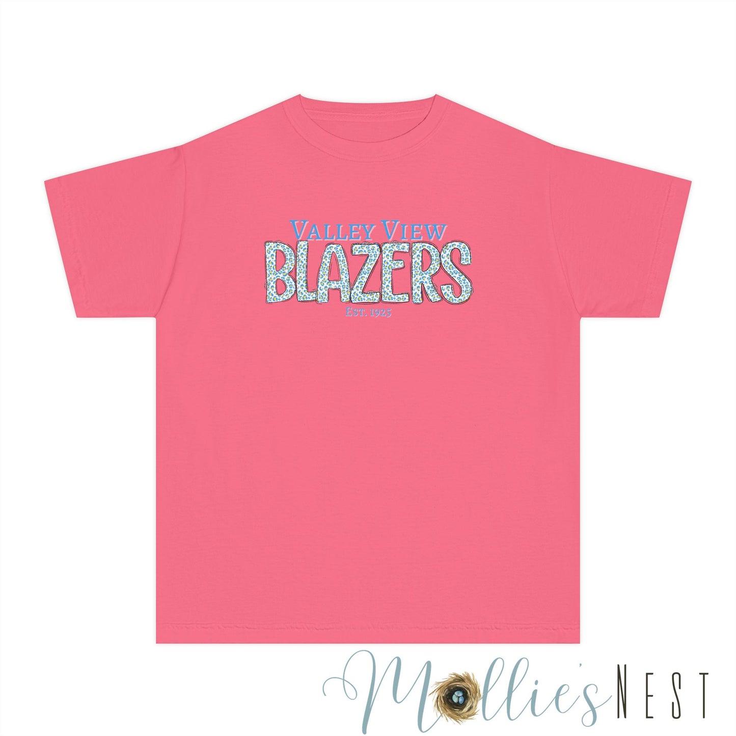 Valley View Blazers Youth Tee. Leopard Letters. Est.1925