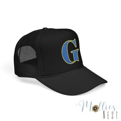 Embroidered Blue & Gold 'G' Trucker Hat — Monogram Letter Foam Cap - Gosnell