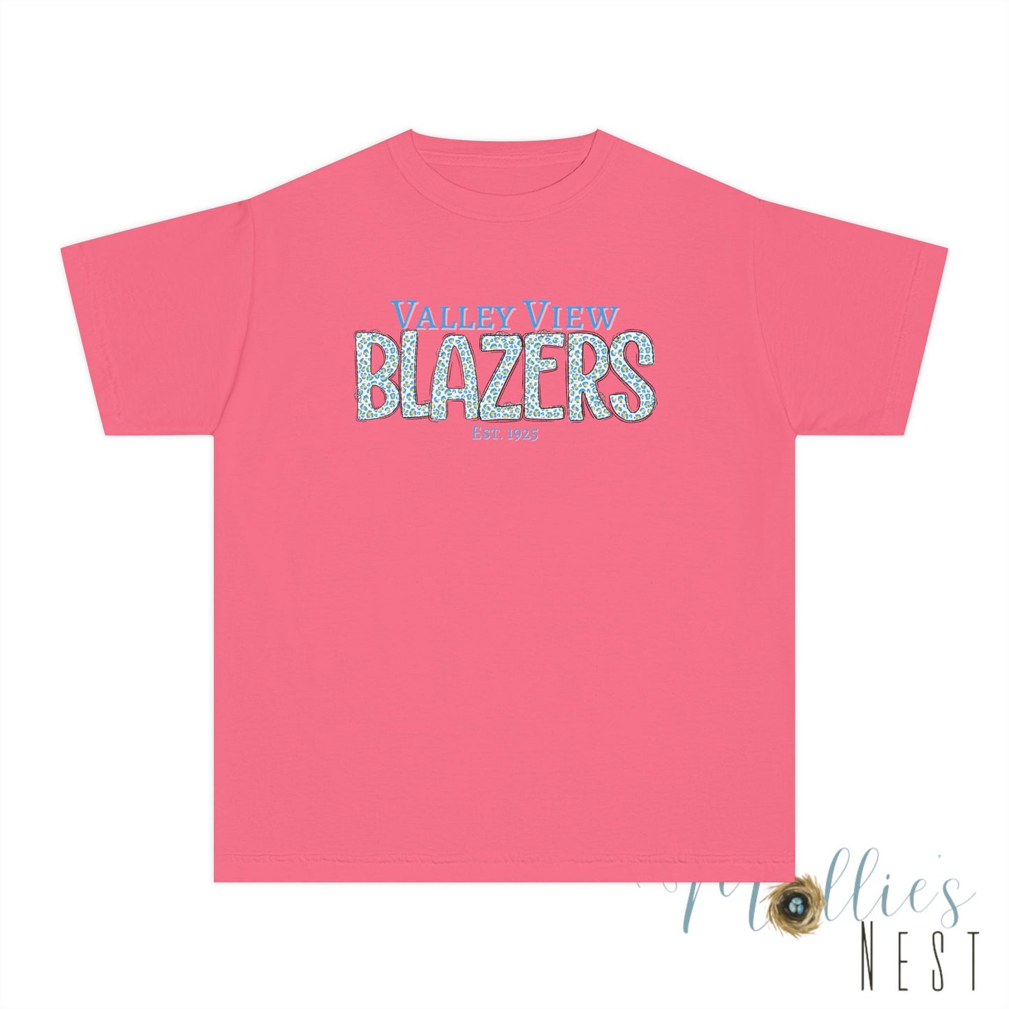Valley View Blazers Youth Midweight Tee. Blue Leopard Letters