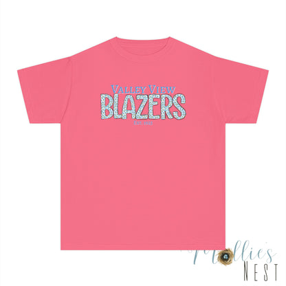 Valley View Blazers Youth Midweight Tee. Blue Leopard Letters