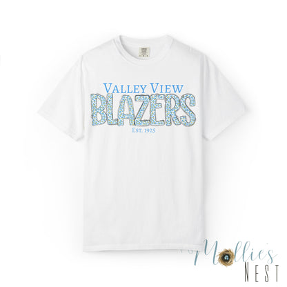 Blazers Blue Leopard Letters — 'Valley View Blazers' Comfort Colors T-Shirt