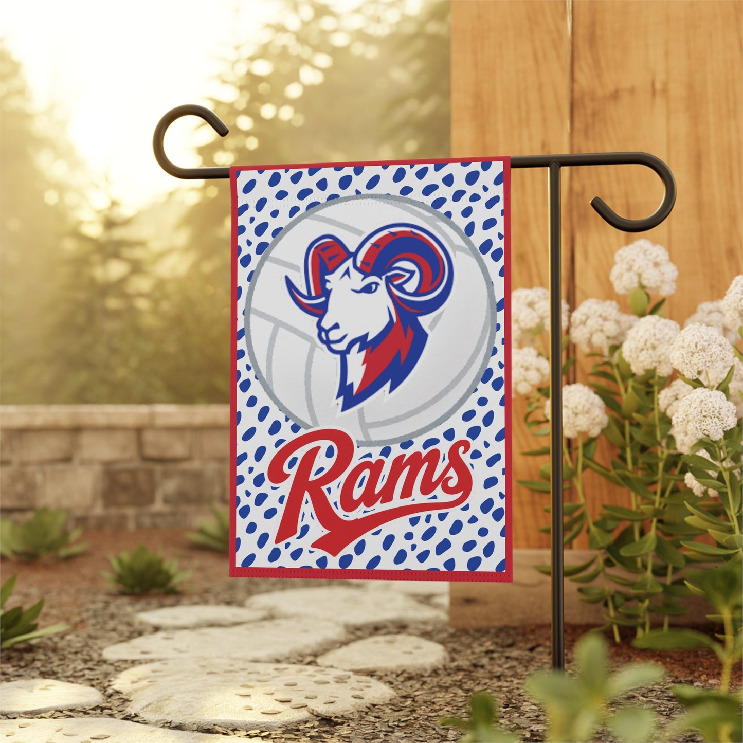 Rams Garden Flag — Blue & Red Mascot Volleyball Yard Banner