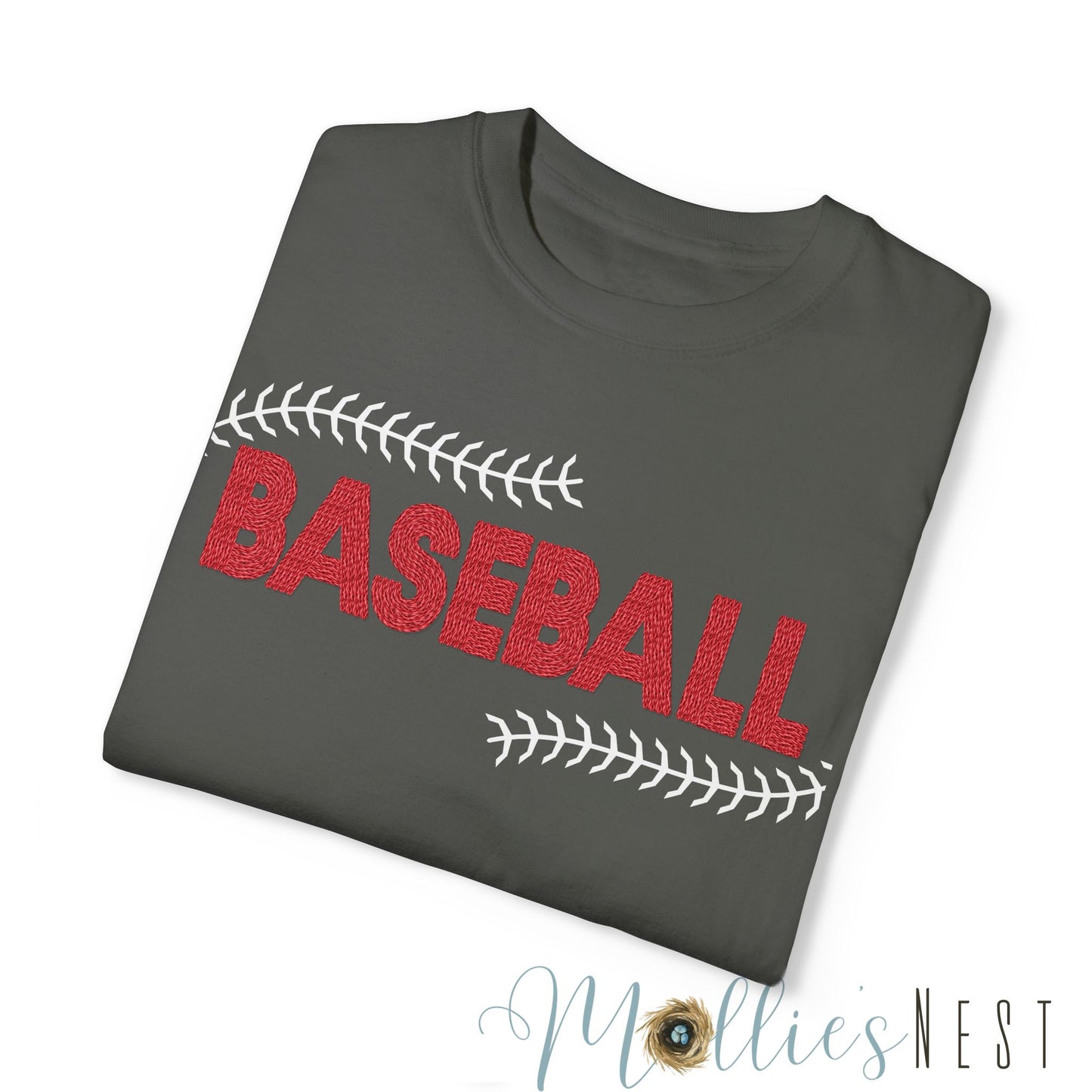 Unisex Garment-Dyed T-shirt. Faux Embroidery Baseball