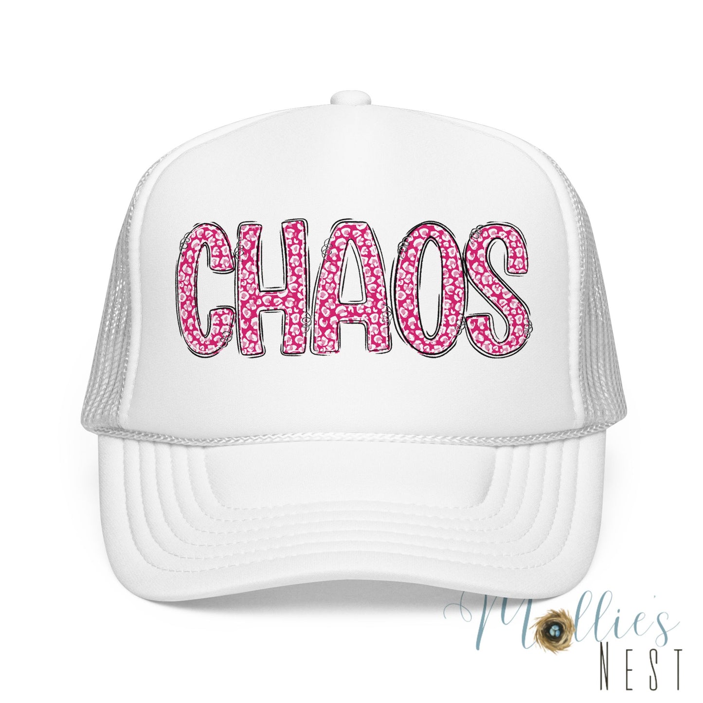 CHAOS Foam Trucker Hat — Pink Leopard Print Lettering Cap