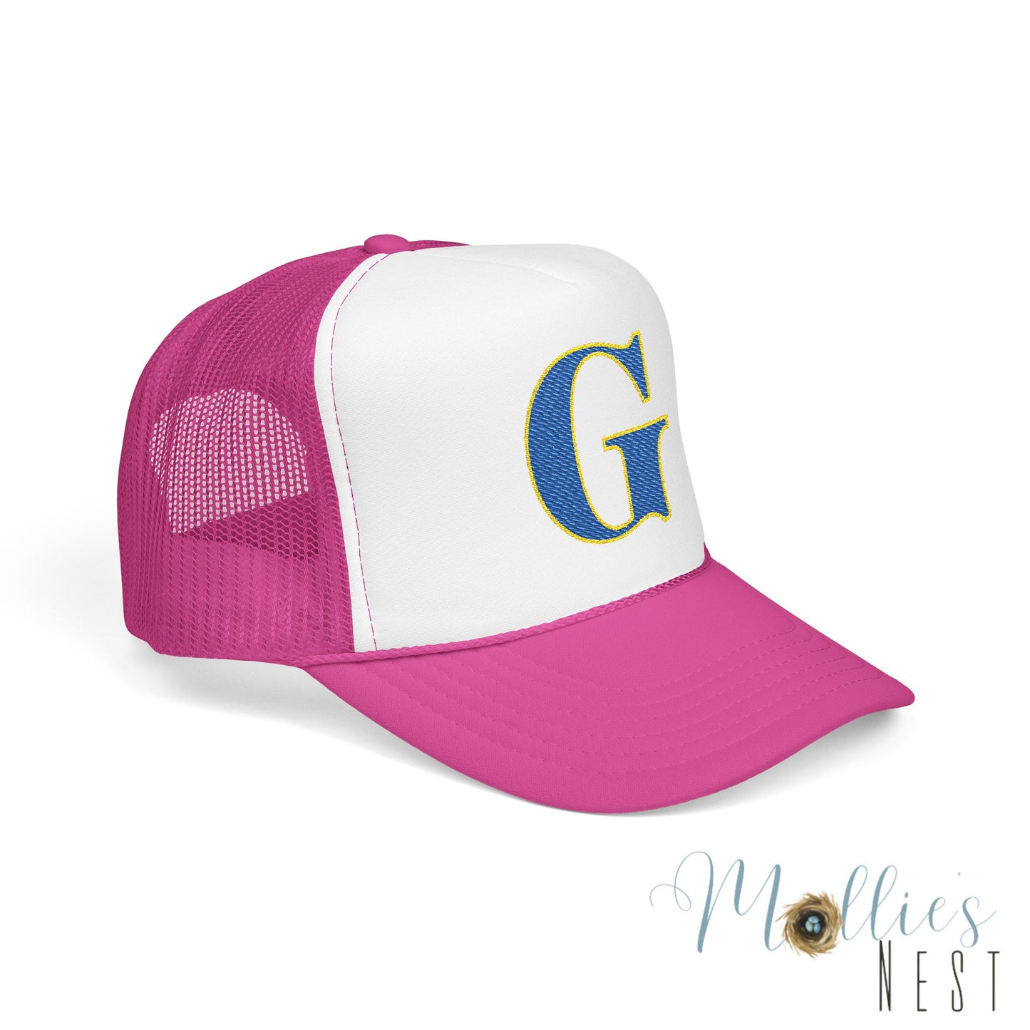 Embroidered Blue & Gold 'G' Trucker Hat — Monogram Letter Foam Cap - Gosnell