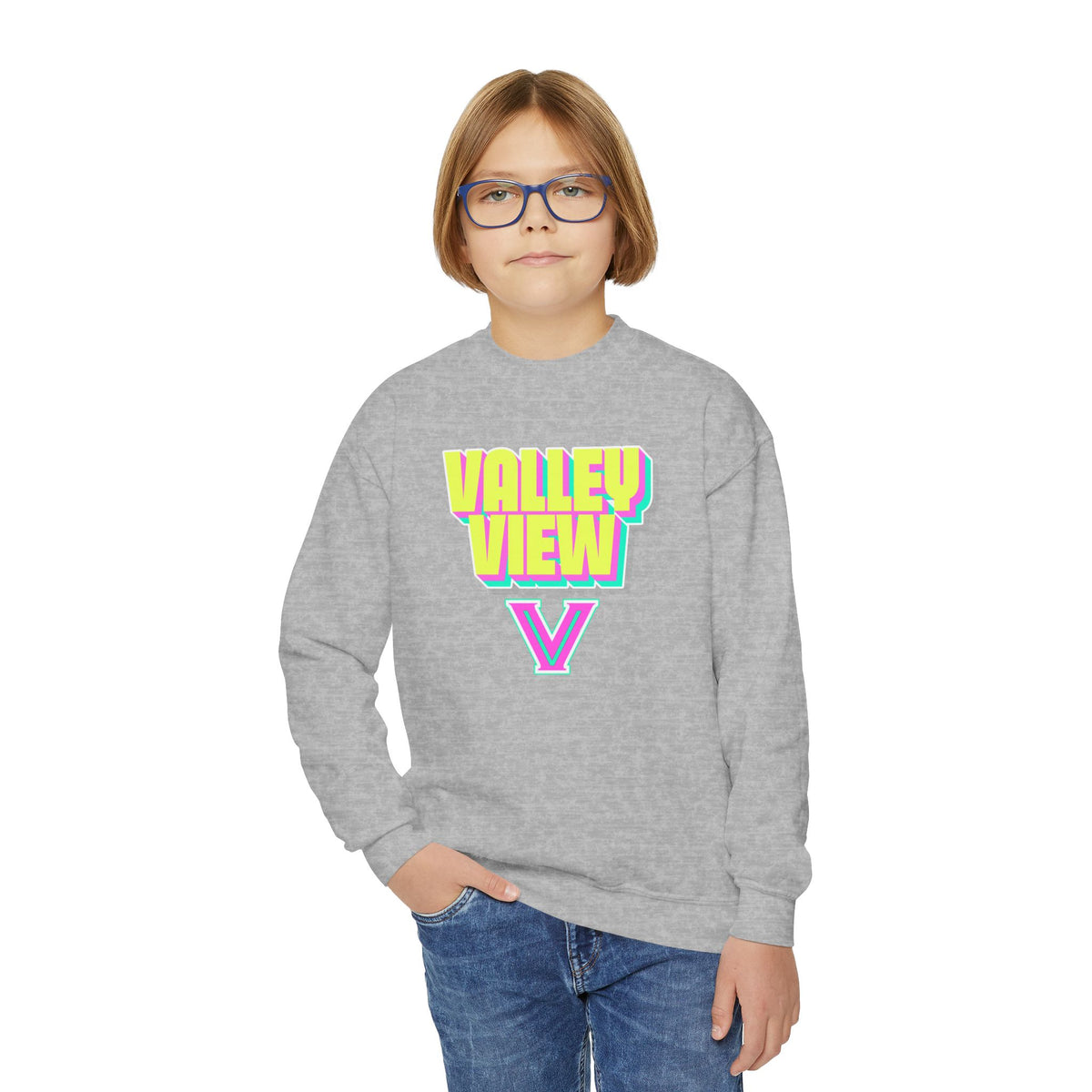 Youth Crewneck Sweatshirt – Valley View V Neon. Graphic