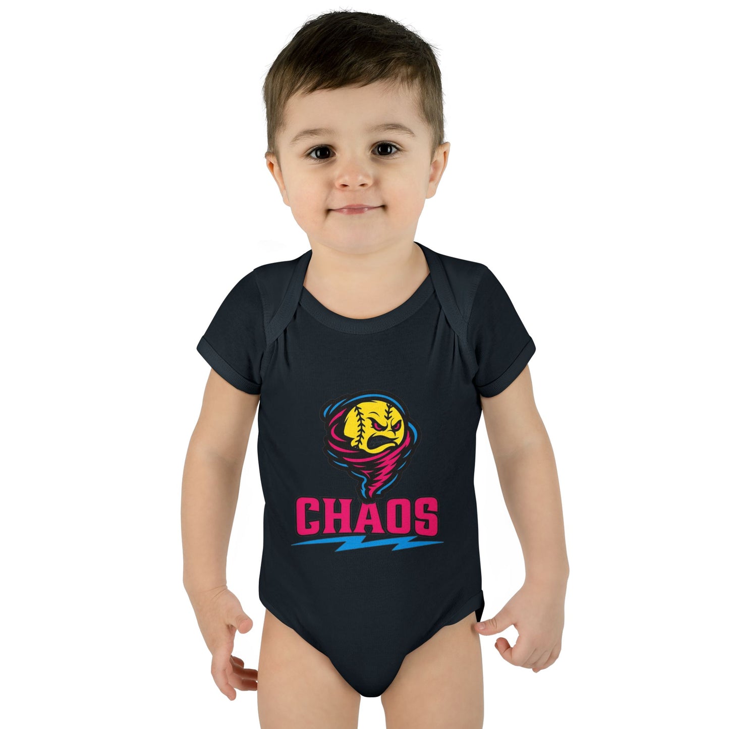 Chaos Softball Baby Bodysuit — Cute Sports Mascot Infant Onesie