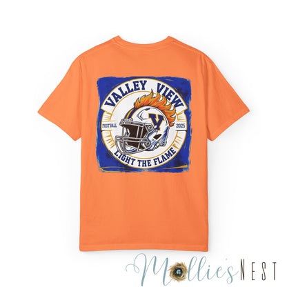 Valley View Light the Flame Football Helmet T-Shirt | Unisex Garment-Dyed Tee for Football Fans, Game Day Shirt, Sports Apparel, Casual Wear