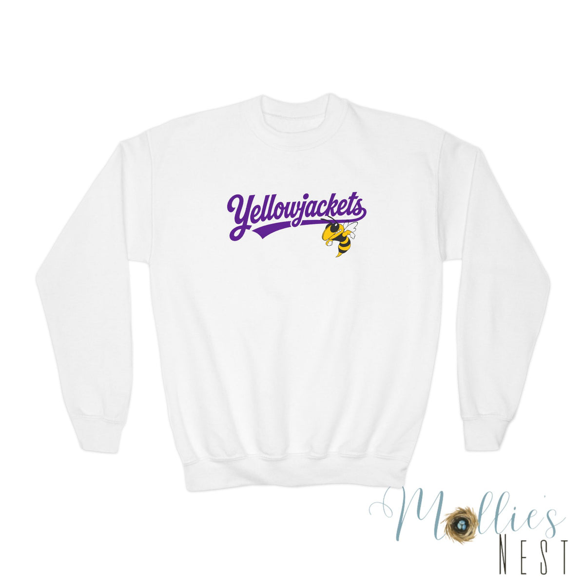Youth Crewneck Sweatshirt - "Yellowjackets" Script Logo with Mascot (School Spirit Apparel)
