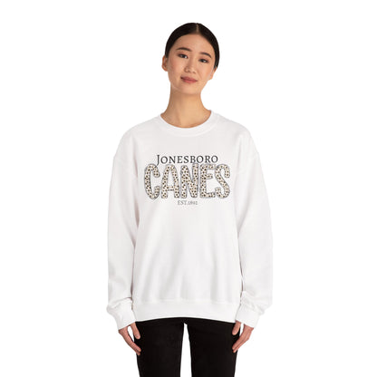 Jonesboro Canes Leopard Print Crewneck Sweatshirt. ADULT