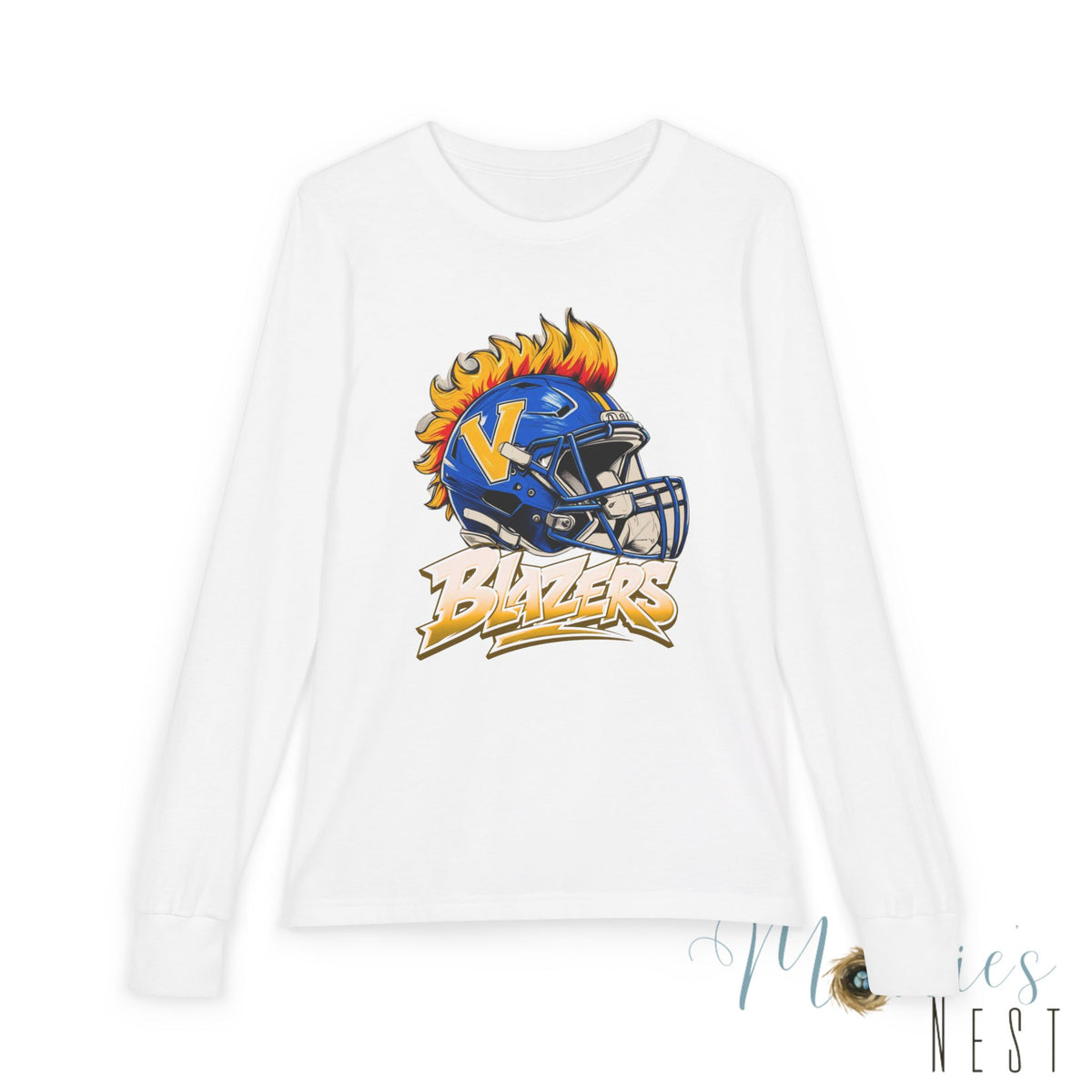 Youth Long Sleeve Tee — Blazers Flaming Football Helmet Graphic