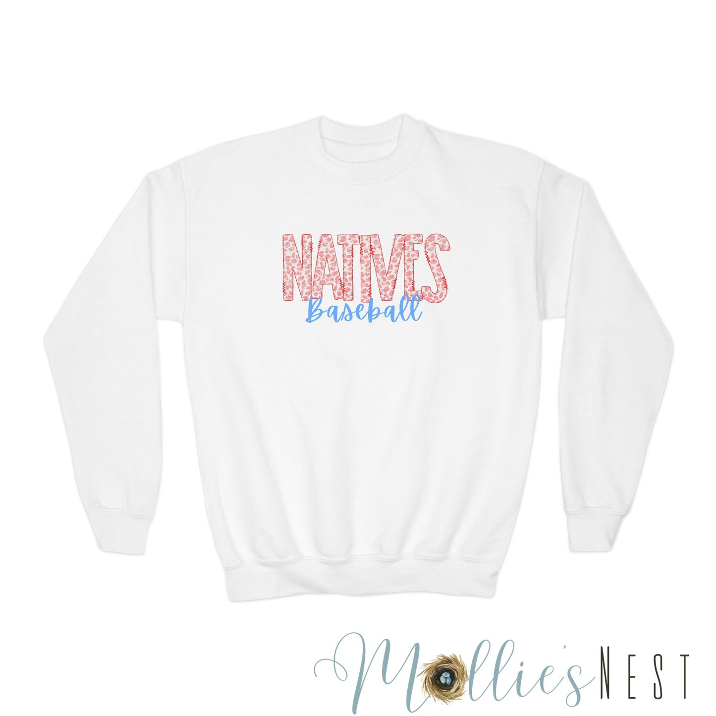 Natives Baseball YOUTH Crewneck Sweatshirt. Red Leopard letters