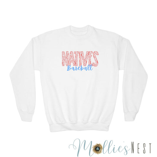 Natives Baseball YOUTH Crewneck Sweatshirt. Red Leopard letters