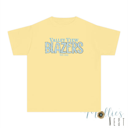 Valley View Blazers Youth Midweight Tee. Blue Leopard Letters