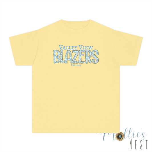 Valley View Blazers Youth Midweight Tee. Blue Leopard Letters