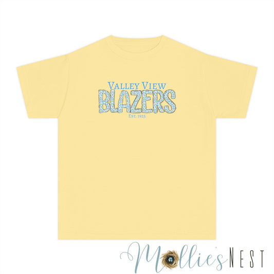 Valley View Blazers Youth Tee. Leopard Letters. Est.1925