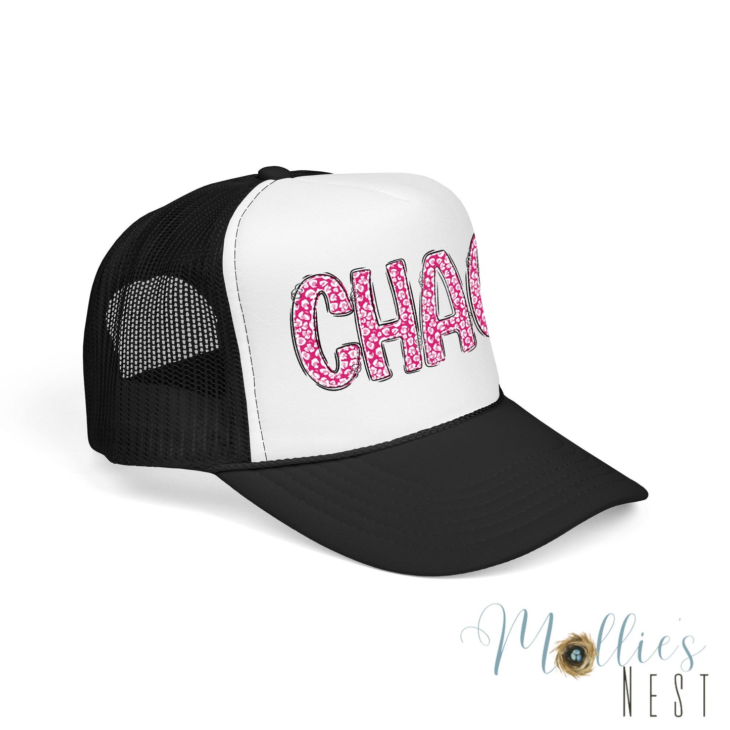 CHAOS Foam Trucker Hat — Pink Leopard Print Lettering Cap