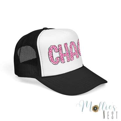 CHAOS Foam Trucker Hat — Pink Leopard Print Lettering Cap